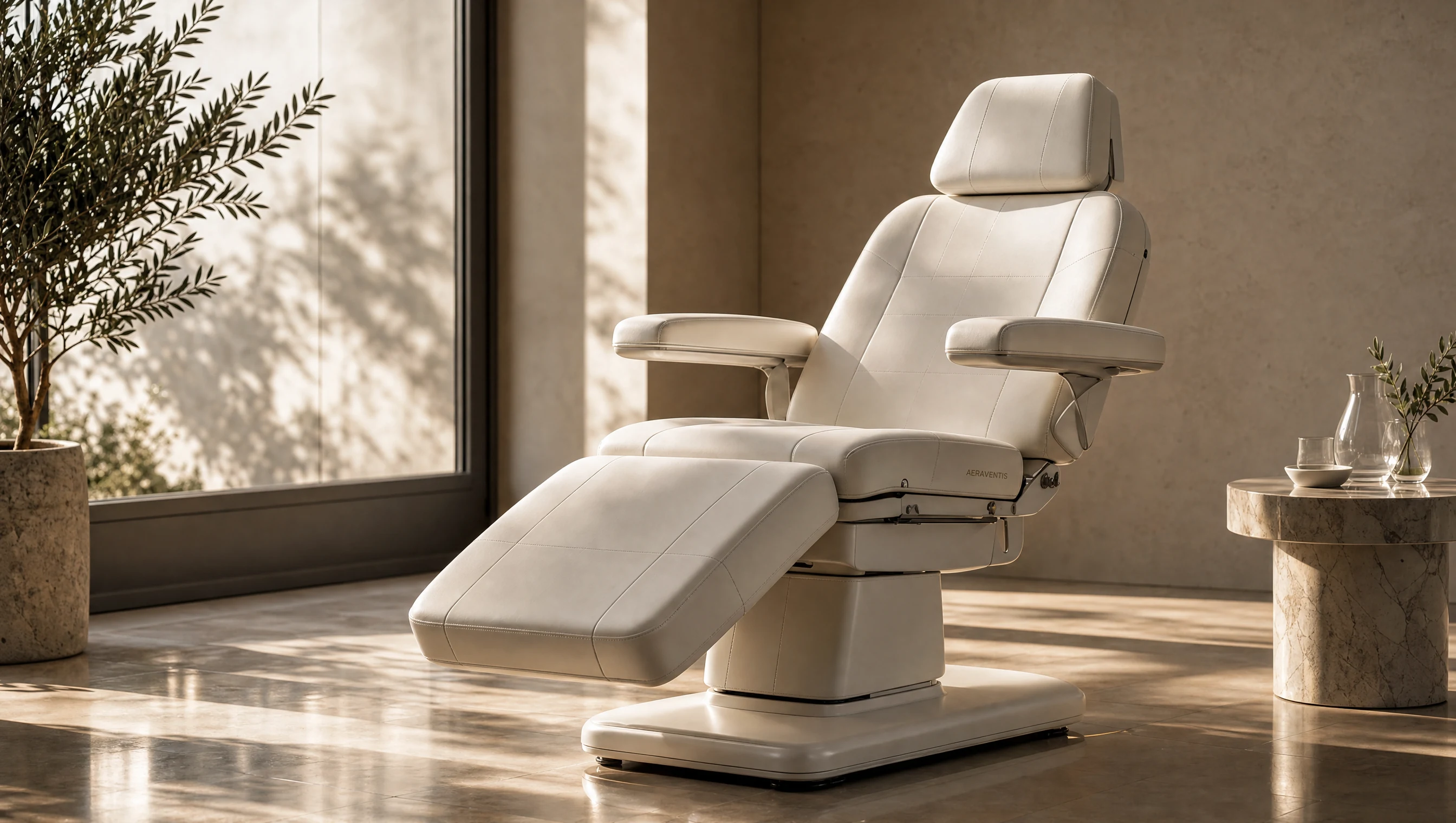 Cream treatment chair in a sunlit professional setting