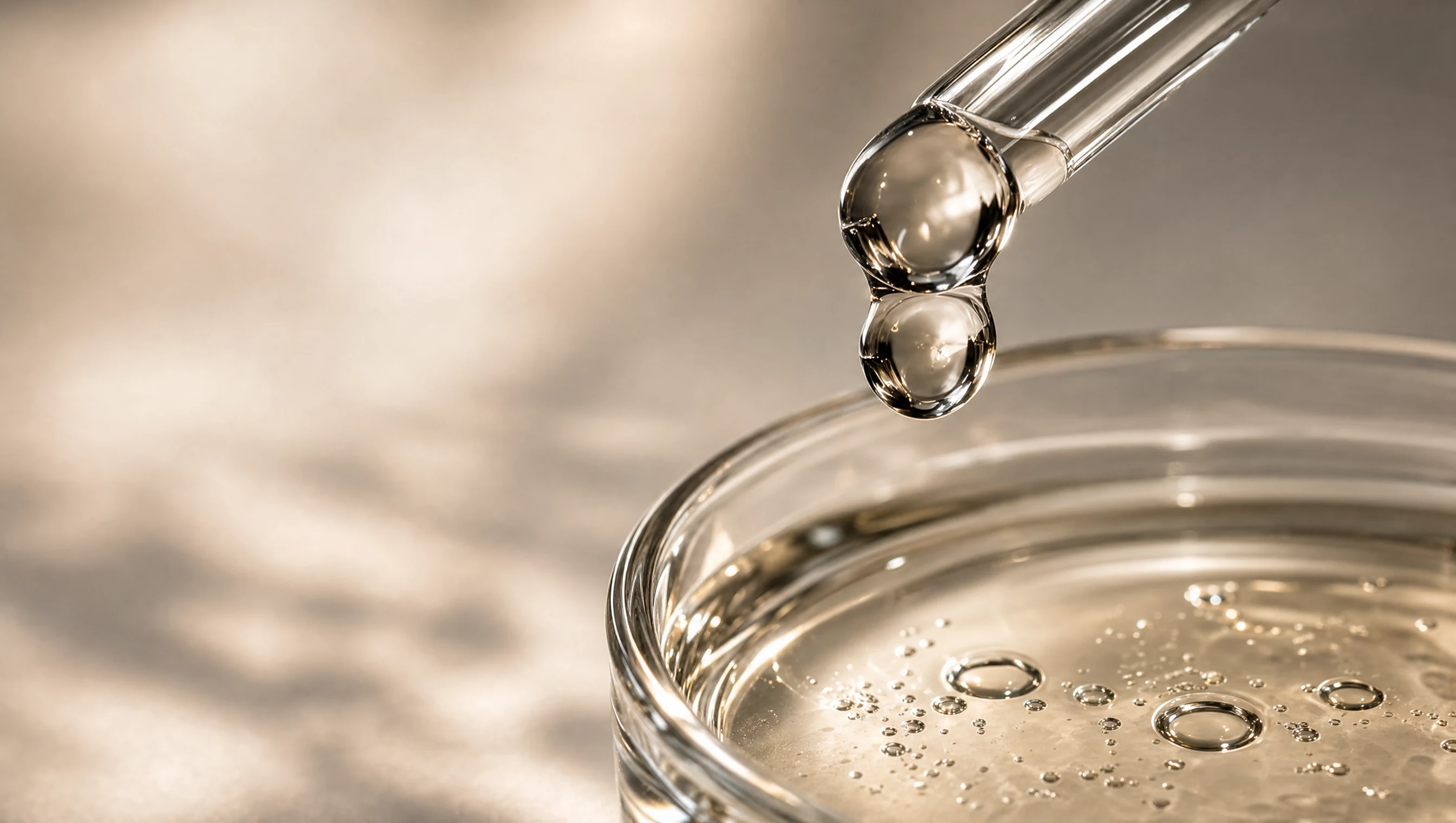 Glass dropper and golden serum in a glass dish